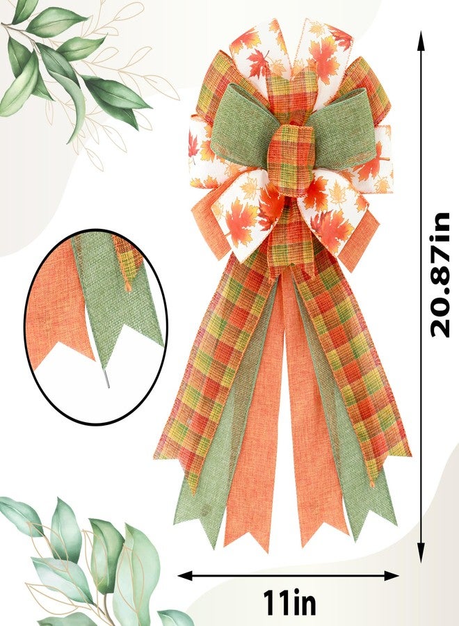 Ftuuo Large Orange Green Buffalo Plaid Wreath Bows, Fall Farmhouse Maple Bow for Wreath Crafts Decorative Hanging Ornament Bow for Harvest Thanksgiving Indoor Outdoor Holiday Autumn Party Decor - Image 2